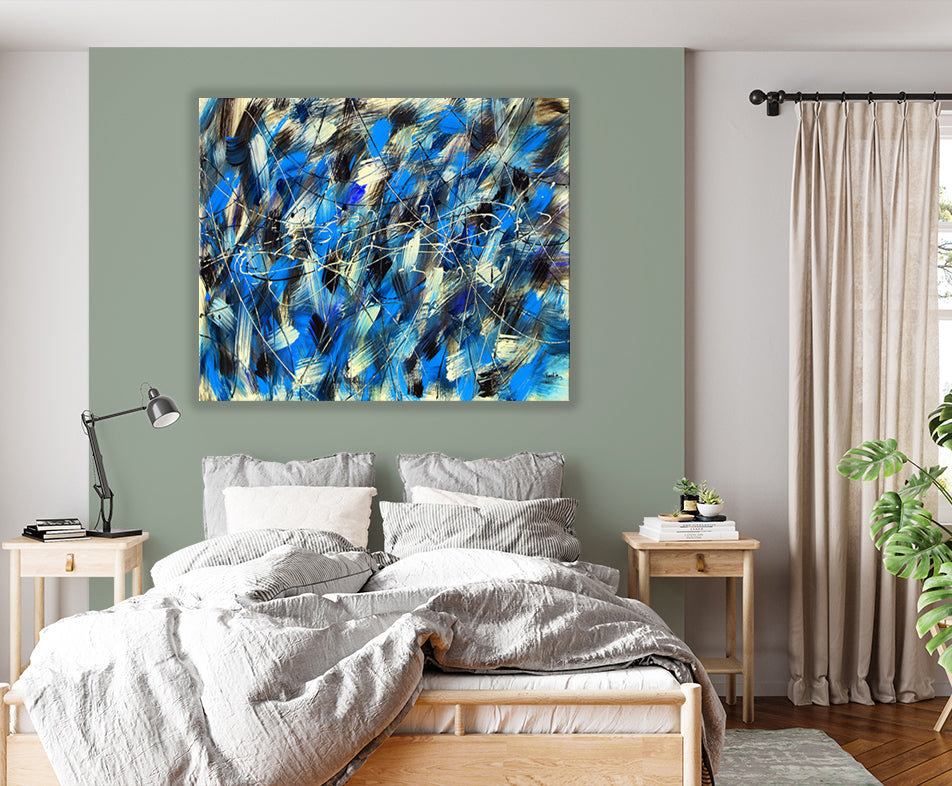 Modern Abstract Canvas Art – Blue Wall Decor, Jackson Pollock Style Print for Living Room & Home Office - Blurred Lines Print #1003