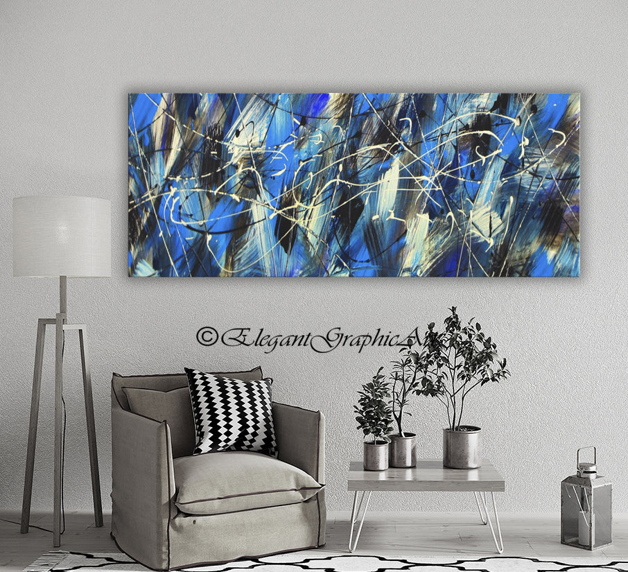 Modern Abstract Canvas Art – Blue Wall Decor, Jackson Pollock Style Print for Living Room & Home Office - Blurred Lines Print #1003