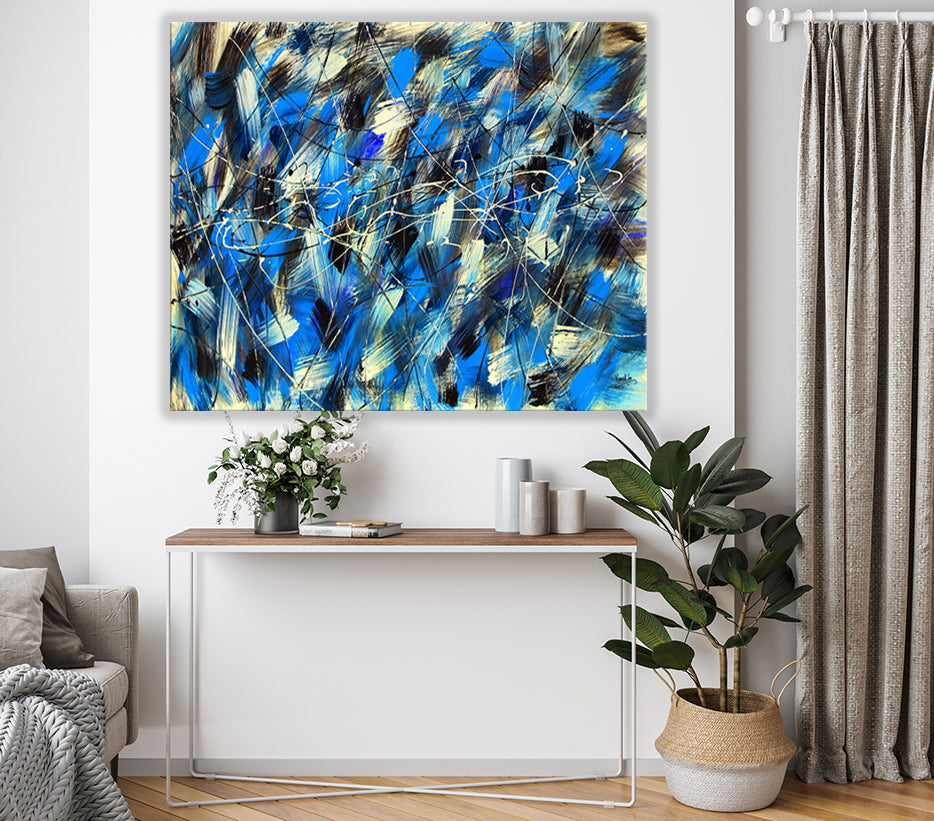 Modern Abstract Canvas Art – Blue Wall Decor, Jackson Pollock Style Print for Living Room & Home Office - Blurred Lines Print #1003