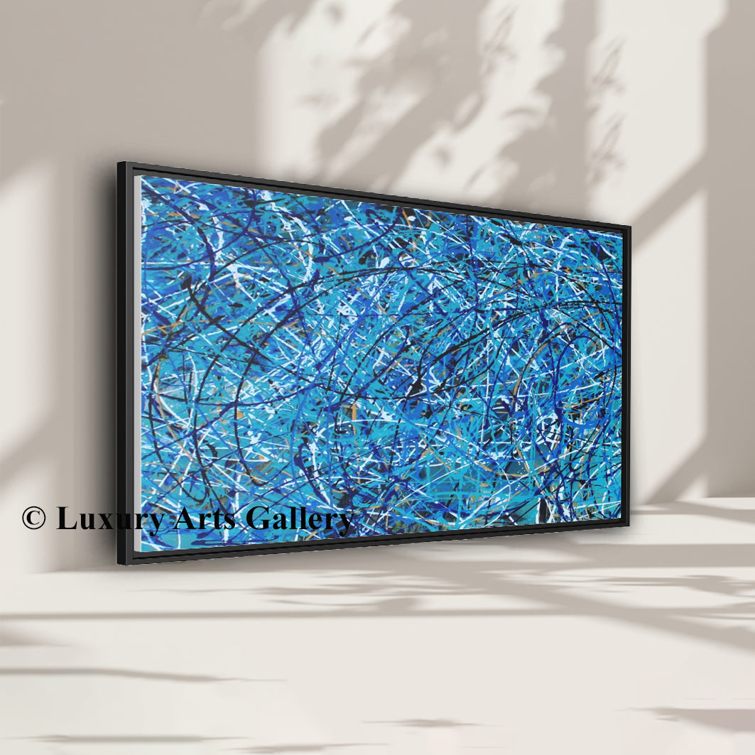 Canvas Art, Abstract Artwork, Blue Jackson Pollock Style Painting, Framed Wall Decor, Home Decoration Print #1002