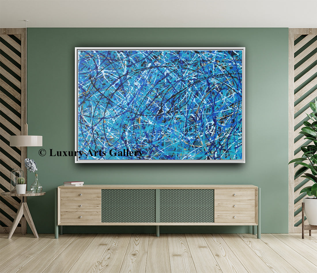 Canvas Art, Abstract Artwork, Blue Jackson Pollock Style Painting, Framed Wall Decor, Home Decoration Print #1002