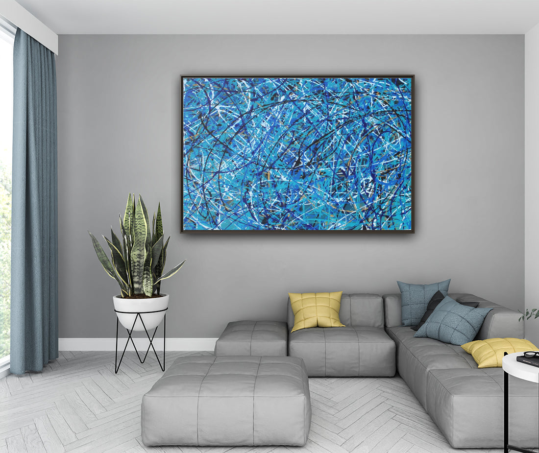 Canvas Art, Abstract Artwork, Blue Jackson Pollock Style Painting, Framed Wall Decor, Home Decoration Print #1002