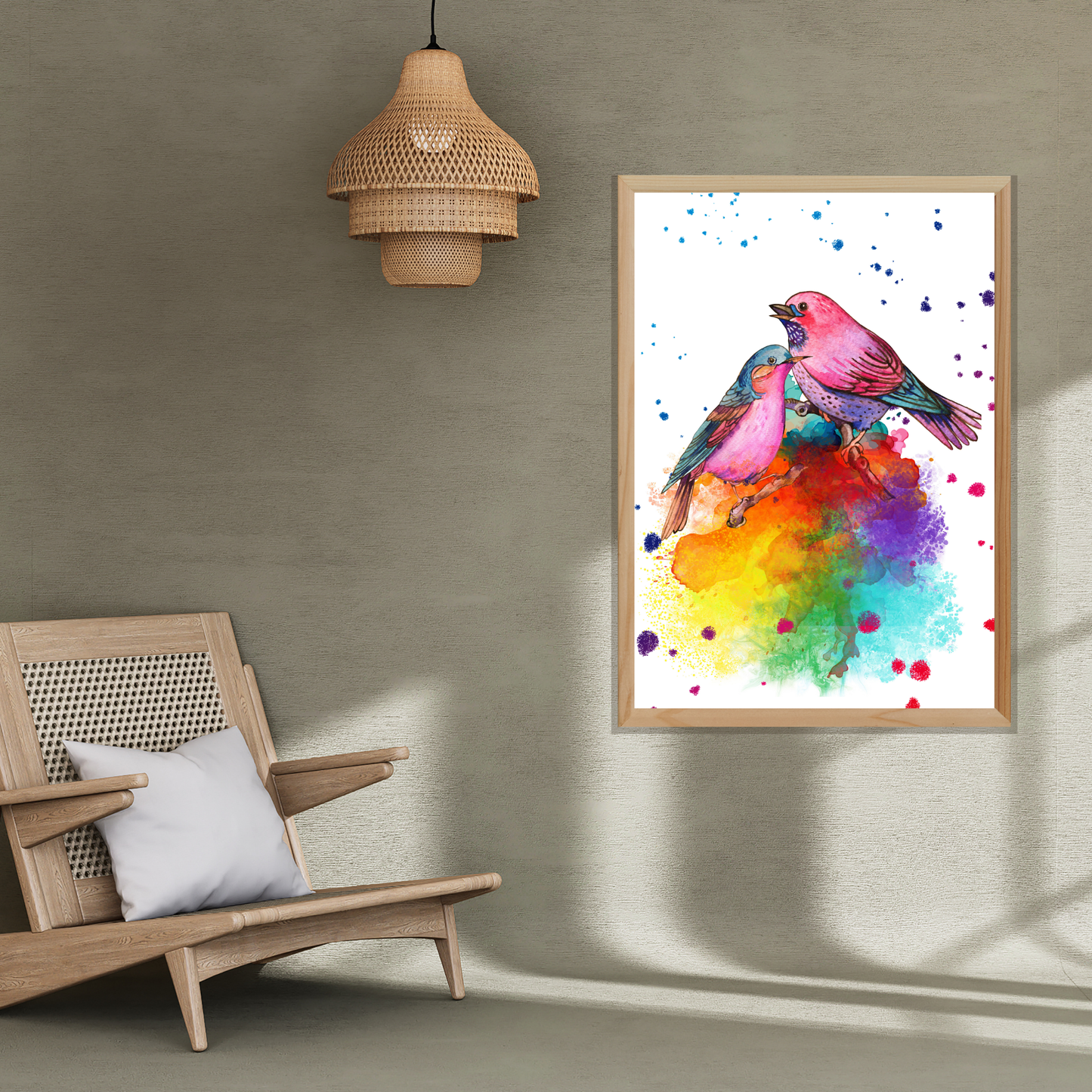Two Love Birds singing sitting on branches Poster Prints Birds Art 67