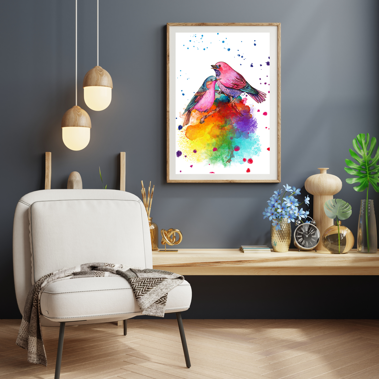Two Love Birds singing sitting on branches Poster Prints Birds Art 67