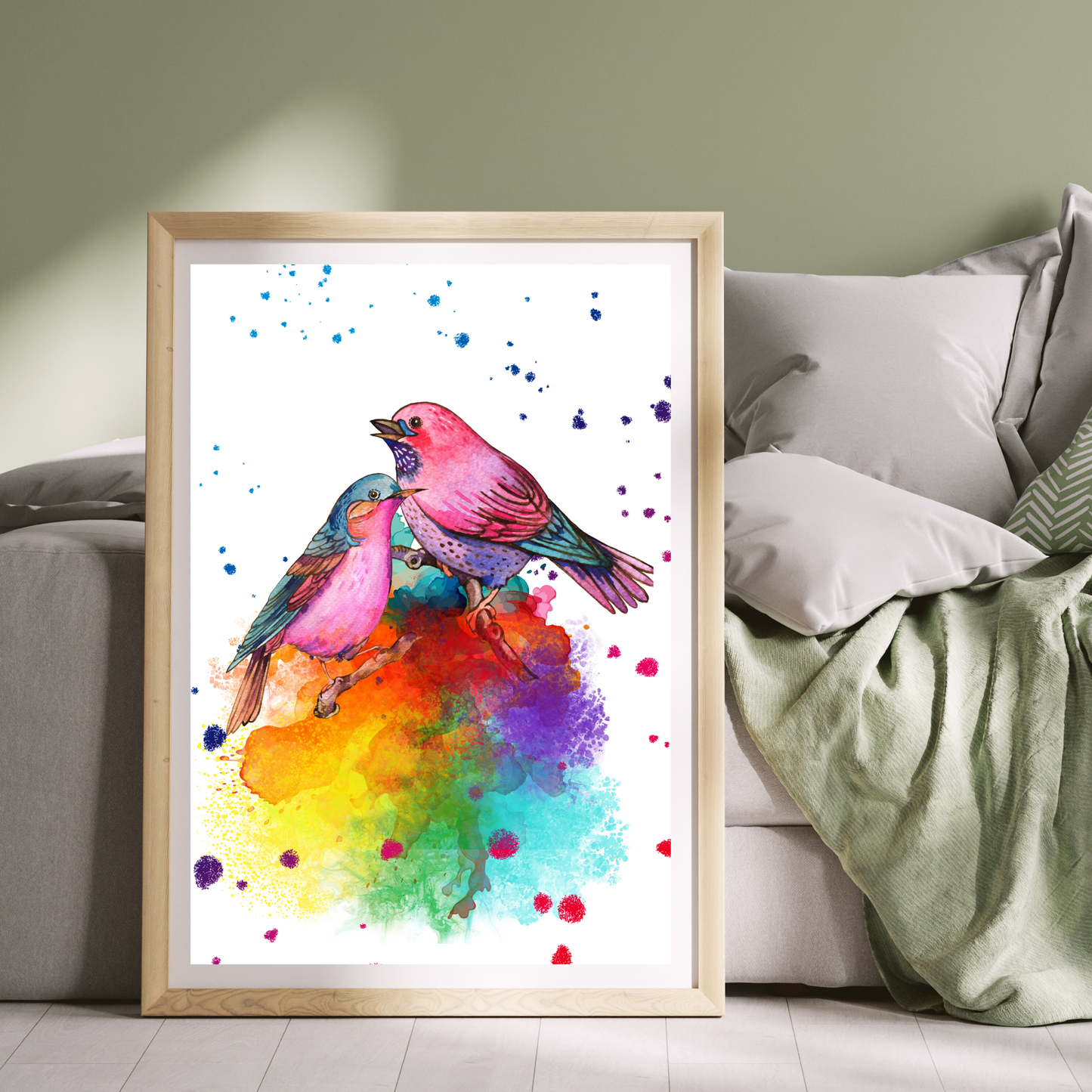 Two Love Birds singing sitting on branches Poster Prints Birds Art 67