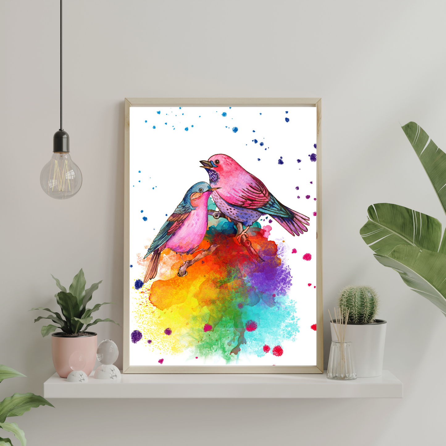 Two Love Birds singing sitting on branches Poster Prints Birds Art 67
