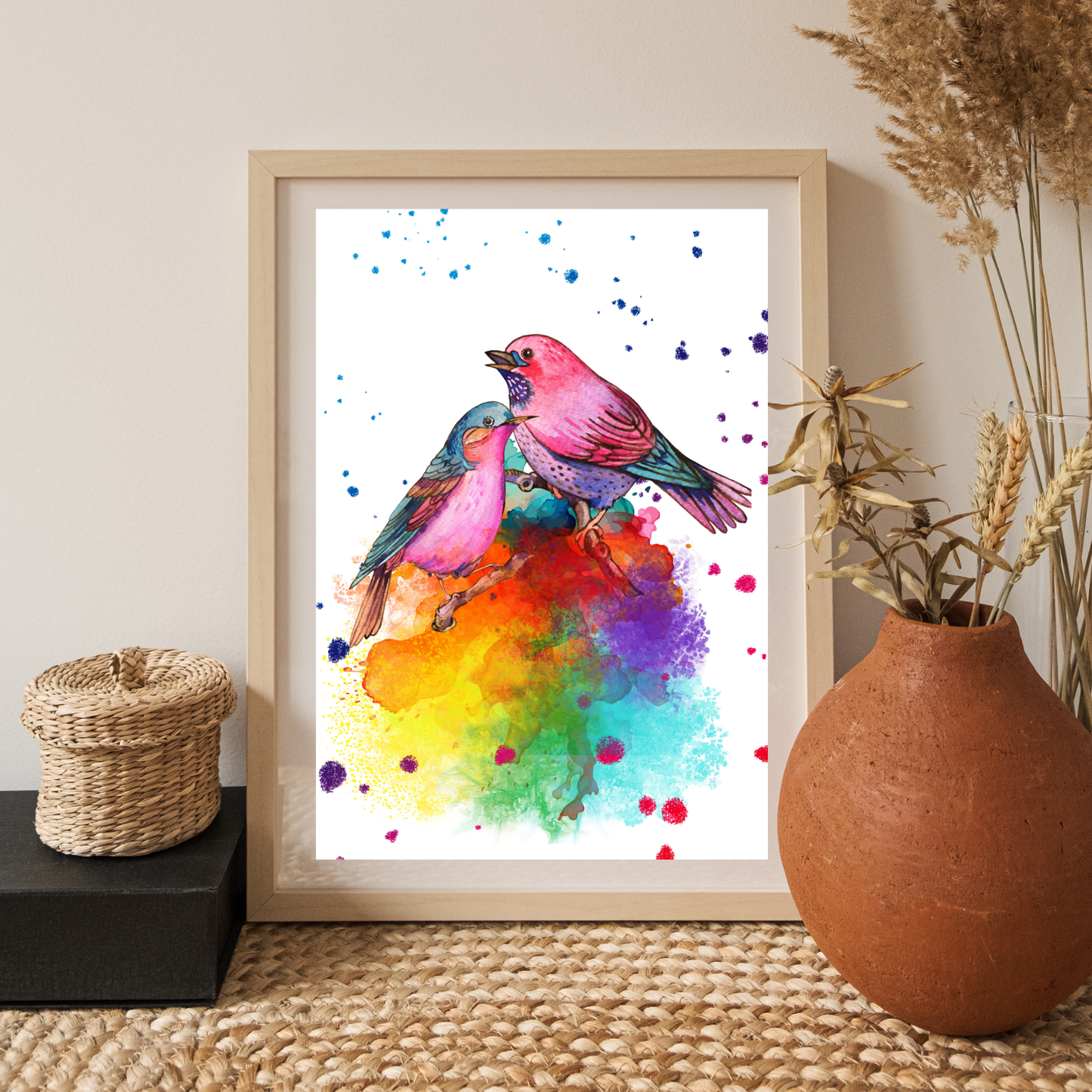 Two Love Birds singing sitting on branches Poster Prints Birds Art 67