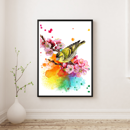 Beautiful Siskin Bird on Flowering Branch