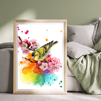 Beautiful Siskin Bird on Flowering Branch