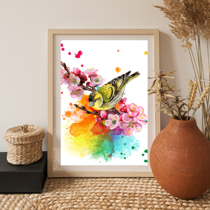 Beautiful Siskin Bird on Flowering Branch