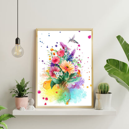 Hummingbird Art with Flowers