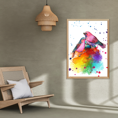 Two Love Birds singing sitting on branches Poster Prints Birds Art 67